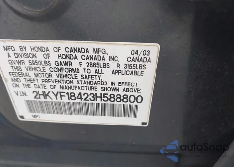 2003 Honda Pilot Ex from USA, damaged, VIN 2HKYF18423H588800